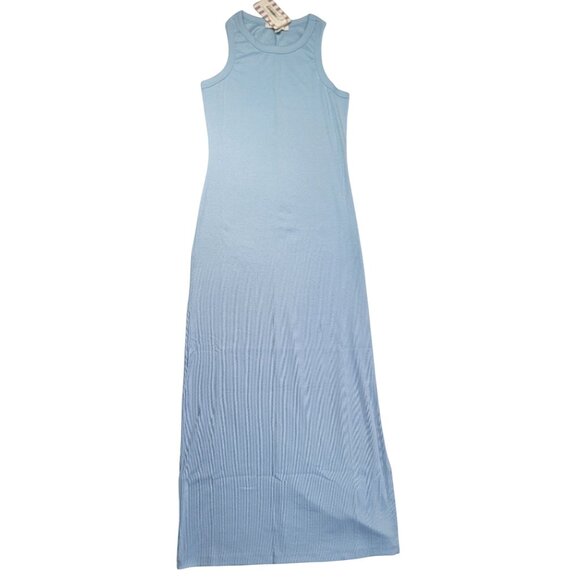 Hyfve Womens Large Midi Dress Sky Blue Ribbed Knit Sleeveless Side Slit  NTW - Picture 1 of 8